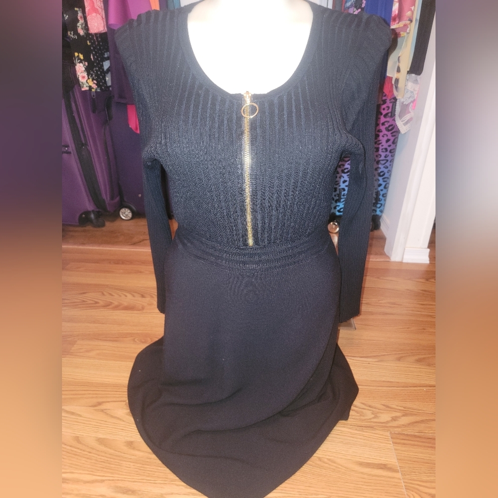 NEW NWOT INC International Concepts Black Long Sleeve Dress with Gold Zipper 1X